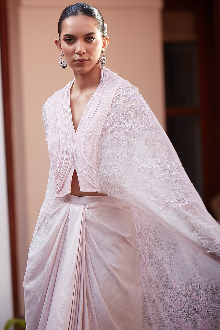Blush Pink Imported Chantilly Pre-Draped Skirt Set by CP by Chandini and Priyanka at Pernia's Pop Up Shop