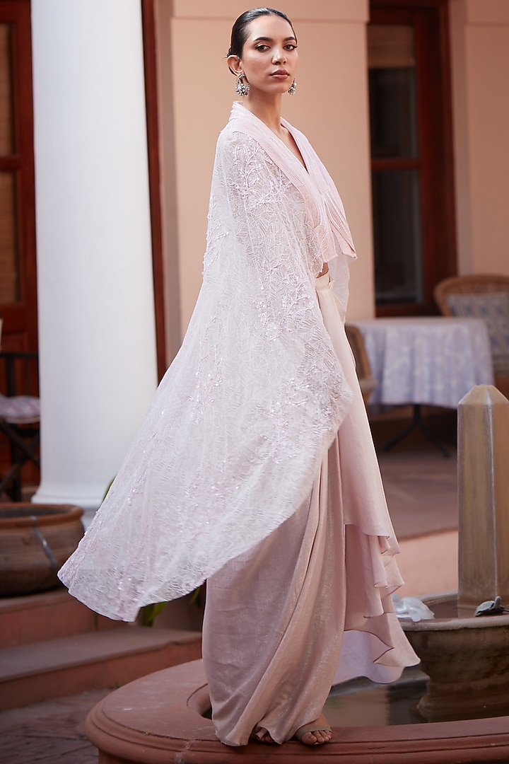 Blush Pink Imported Chantilly Pre-Draped Skirt Set by CP by Chandini and Priyanka at Pernia's Pop Up Shop