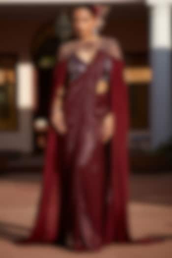 Wine Imported Metallic Lycra Sequins Embroidered Pre-Draped Wedding Saree Set by CP by Chandini and Priyanka at Pernia's Pop Up Shop