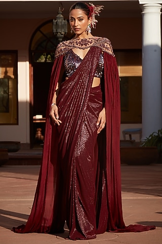 Wine Imported Metallic Lycra Sequins Embroidered Pre-Draped Saree Set by CP by Chandini and Priyanka