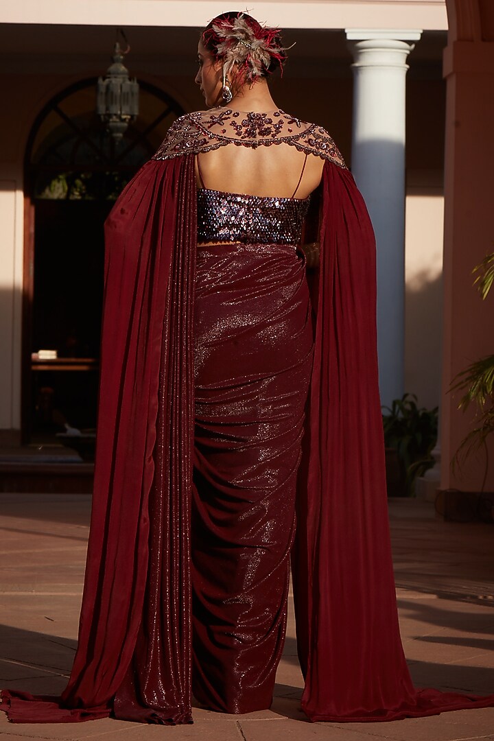 Wine Imported Metallic Lycra Sequins Embroidered Pre-Draped Wedding Saree Set by CP by Chandini and Priyanka at Pernia's Pop Up Shop
