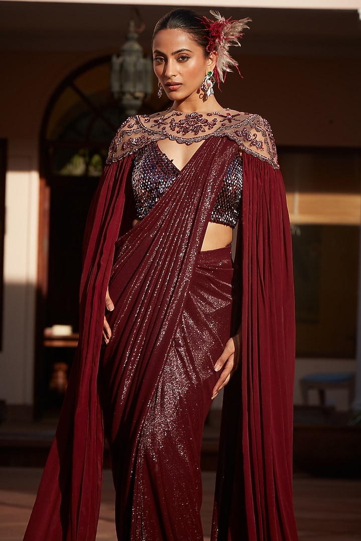 Wine Imported Metallic Lycra Sequins Embroidered Pre-Draped Wedding Saree Set by CP by Chandini and Priyanka at Pernia's Pop Up Shop