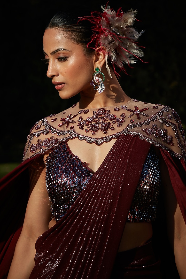 Wine Imported Metallic Lycra Sequins Embroidered Pre-Draped Wedding Saree Set by CP by Chandini and Priyanka at Pernia's Pop Up Shop