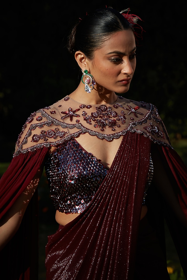 Wine Imported Metallic Lycra Sequins Embroidered Pre-Draped Wedding Saree Set by CP by Chandini and Priyanka at Pernia's Pop Up Shop