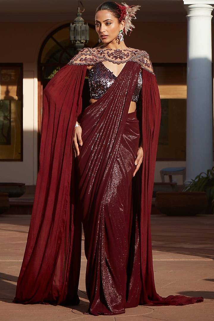 Wine Imported Metallic Lycra Sequins Embroidered Pre-Draped Wedding Saree Set by CP by Chandini and Priyanka at Pernia's Pop Up Shop
