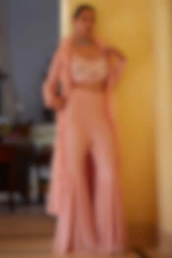 Salmon Pink Imported Metallic Lycra Embroidered Wedding Sharara Set by CP by Chandini and Priyanka at Pernia's Pop Up Shop