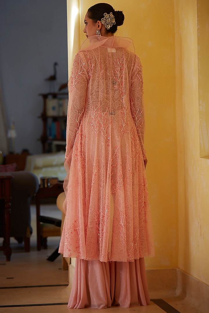 Salmon Pink Imported Metallic Lycra Embroidered Wedding Sharara Set by CP by Chandini and Priyanka at Pernia's Pop Up Shop