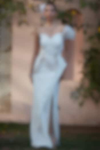 Ivory Imported Chantilly Embroidered One-Shoulder Engagement Gown by CP by Chandini and Priyanka at Pernia's Pop Up Shop