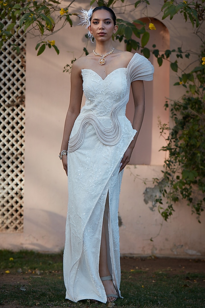 Ivory Imported Chantilly Embroidered One-Shoulder Engagement Gown by CP by Chandini and Priyanka at Pernia's Pop Up Shop