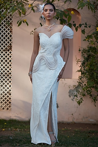 Ivory Imported Chantilly Embroidered One-Shoulder Gown by CP by Chandini and Priyanka