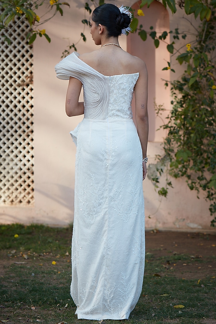 Ivory Imported Chantilly Embroidered One-Shoulder Engagement Gown by CP by Chandini and Priyanka at Pernia's Pop Up Shop