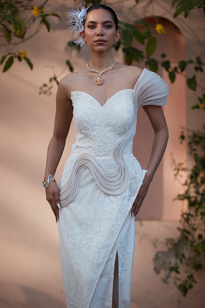 Ivory Imported Chantilly Embroidered One-Shoulder Engagement Gown by CP by Chandini and Priyanka at Pernia's Pop Up Shop