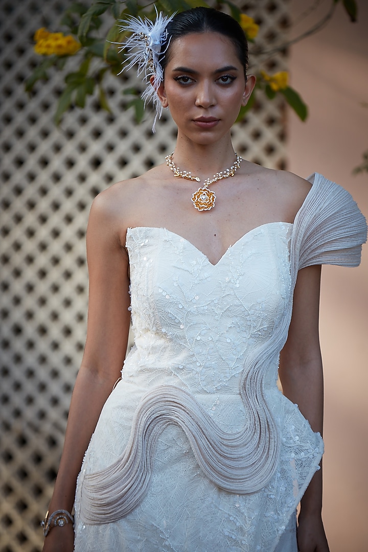 Ivory Imported Chantilly Embroidered One-Shoulder Engagement Gown by CP by Chandini and Priyanka at Pernia's Pop Up Shop