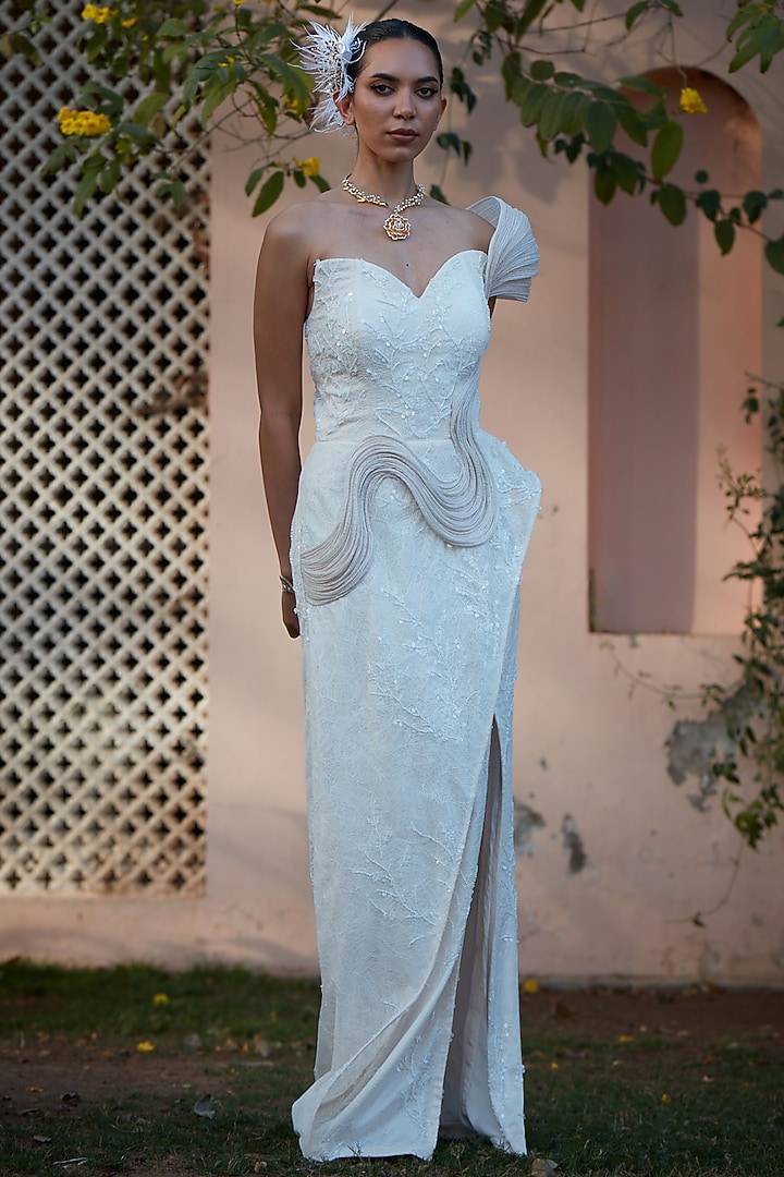 Ivory Imported Chantilly Embroidered One-Shoulder Engagement Gown by CP by Chandini and Priyanka at Pernia's Pop Up Shop