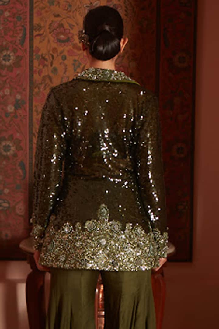 Olive Green Imported Chiffon Sequins Embellished Wedding Sharara Set by CP by Chandini and Priyanka at Pernia's Pop Up Shop