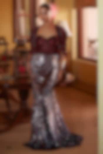 Wine Glazed Organza Sequins Embellished Fish-Cut Wedding Gown With Jacket by CP by Chandini and Priyanka at Pernia's Pop Up Shop