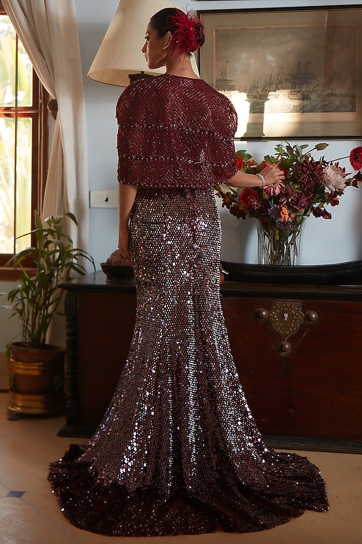 Wine Glazed Organza Sequins Embellished Fish-Cut Wedding Gown With Jacket by CP by Chandini and Priyanka at Pernia's Pop Up Shop