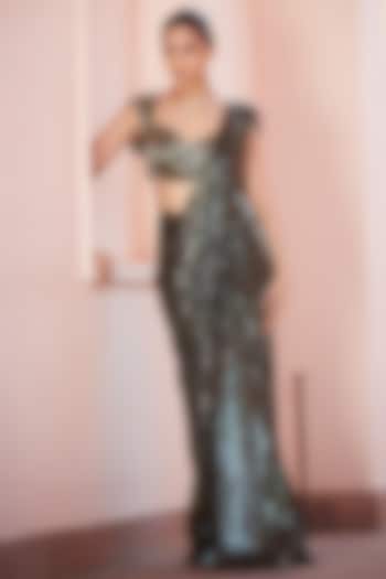 Olive Green Sequins Embellished Pre-Draped Wedding Saree Set by CP by Chandini and Priyanka at Pernia's Pop Up Shop