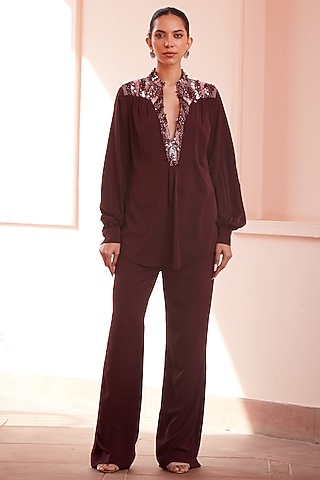 Wine Imported Crepe Embroidered Co-ord Set by CP by Chandini and Priyanka