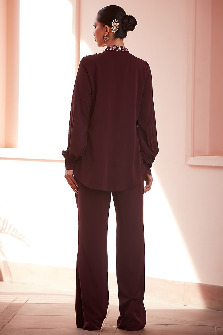Wine Imported Crepe Embroidered Co-ord Set by CP by Chandini and Priyanka at Pernia's Pop Up Shop