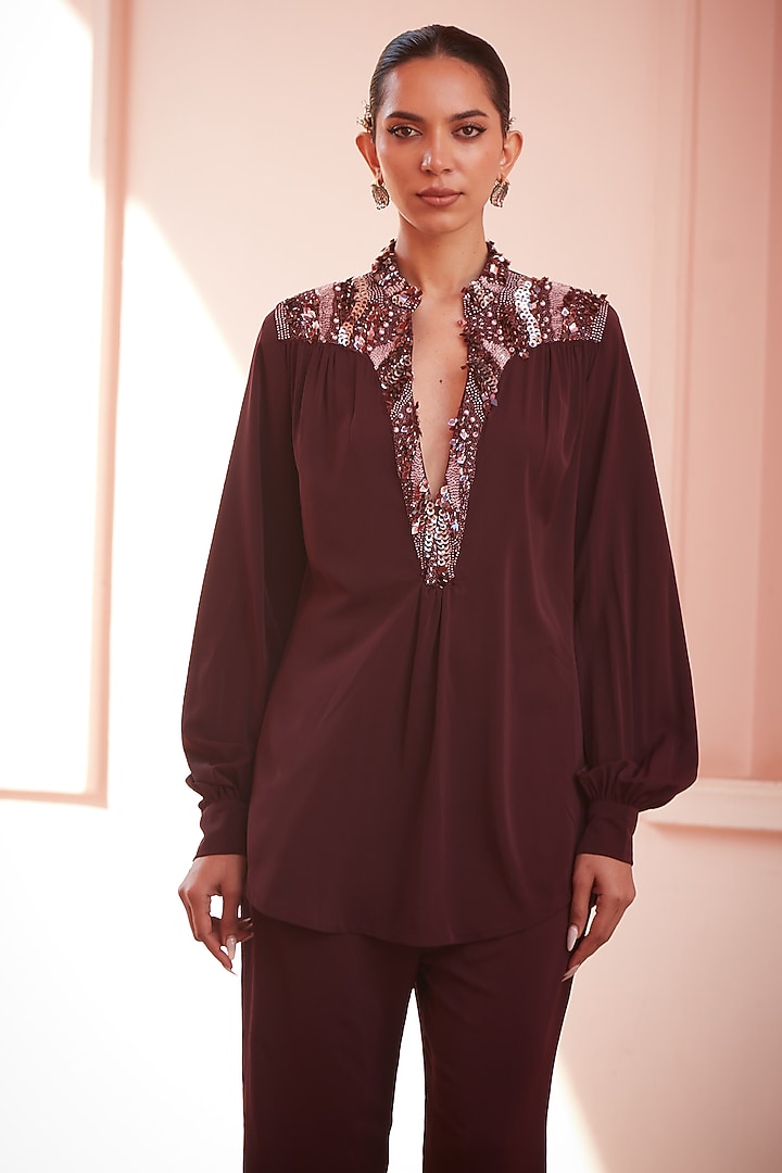 Wine Imported Crepe Embroidered Co-ord Set by CP by Chandini and Priyanka at Pernia's Pop Up Shop