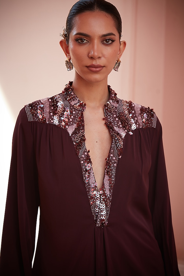 Wine Imported Crepe Embroidered Co-ord Set by CP by Chandini and Priyanka at Pernia's Pop Up Shop