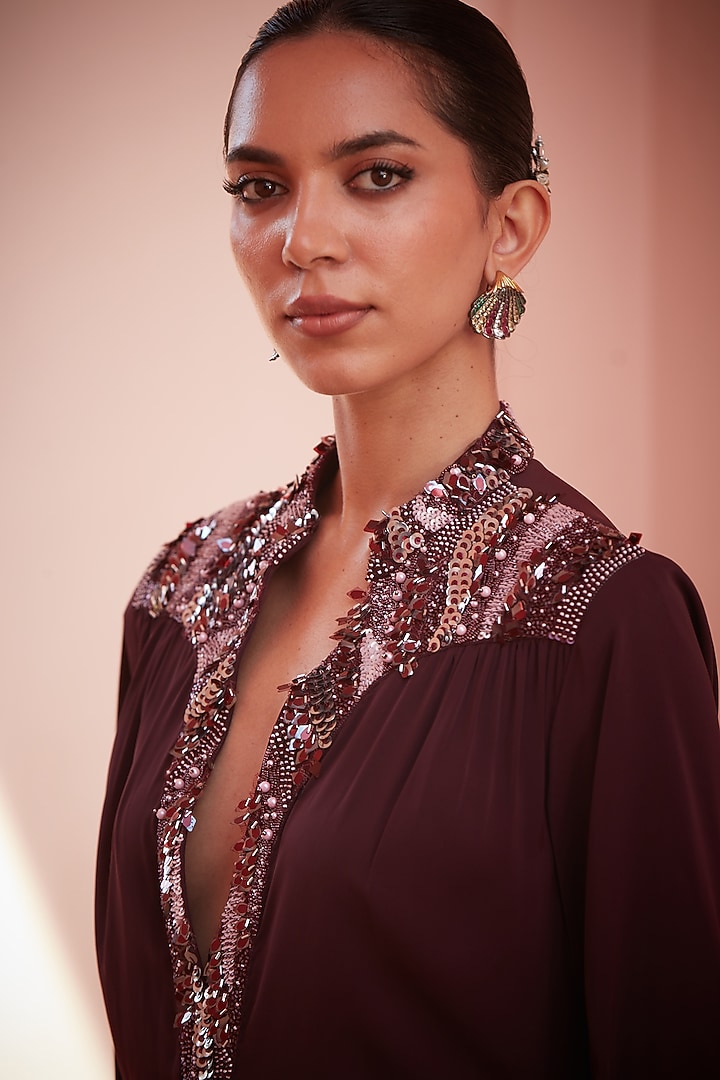 Wine Imported Crepe Embroidered Co-ord Set by CP by Chandini and Priyanka at Pernia's Pop Up Shop