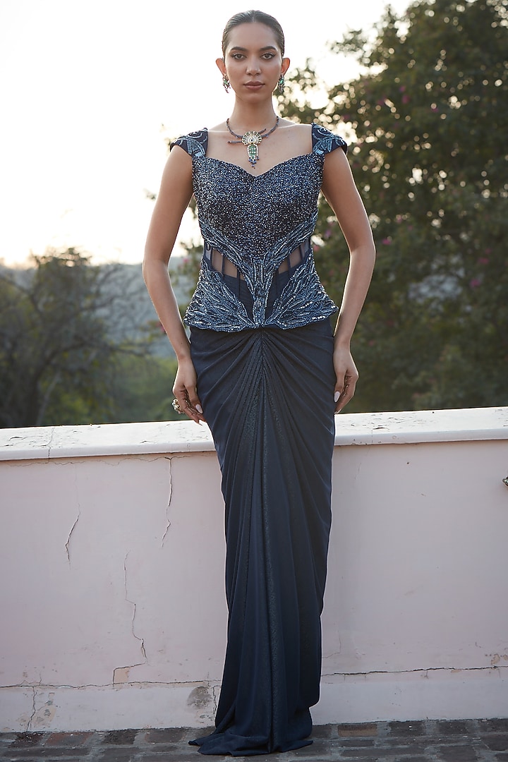 Imperial Blue Imported Metallic Lycra Embellished Pre-Draped Skirt Set by CP by Chandini and Priyanka at Pernia's Pop Up Shop