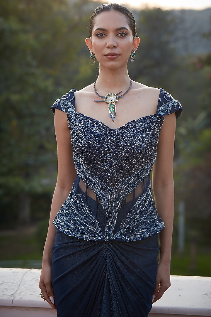 Imperial Blue Imported Metallic Lycra Embellished Pre-Draped Skirt Set by CP by Chandini and Priyanka at Pernia's Pop Up Shop