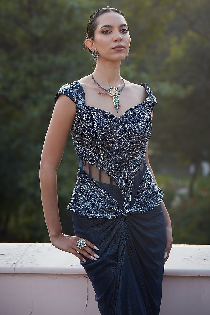 Imperial Blue Imported Metallic Lycra Embellished Pre-Draped Skirt Set by CP by Chandini and Priyanka at Pernia's Pop Up Shop
