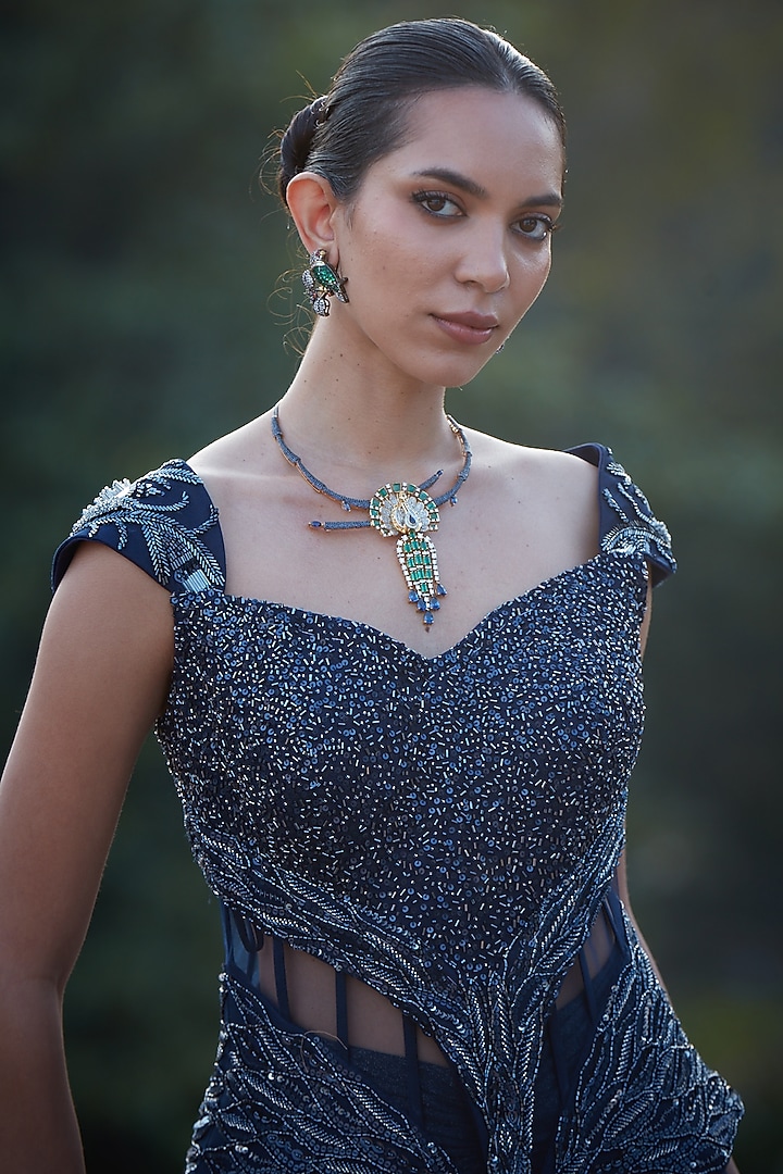 Imperial Blue Imported Metallic Lycra Embellished Pre-Draped Skirt Set by CP by Chandini and Priyanka at Pernia's Pop Up Shop