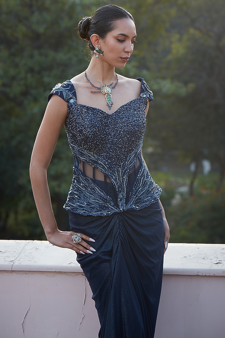 Imperial Blue Imported Metallic Lycra Embellished Pre-Draped Skirt Set by CP by Chandini and Priyanka at Pernia's Pop Up Shop