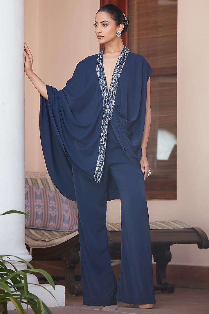 Imperial Blue Imported Twill Embroidered Co-Ord Set by CP by Chandini and Priyanka at Pernia's Pop Up Shop