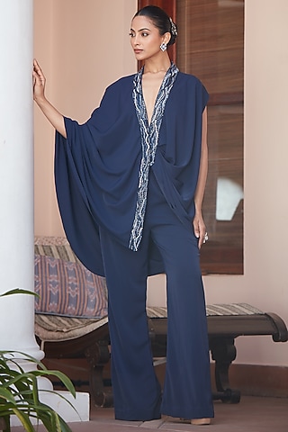 Imperial Blue Imported Twill Embroidered Co-Ord Set by CP by Chandini and Priyanka