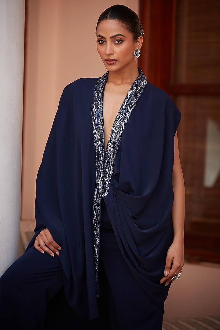 Imperial Blue Imported Twill Embroidered Co-Ord Set by CP by Chandini and Priyanka at Pernia's Pop Up Shop