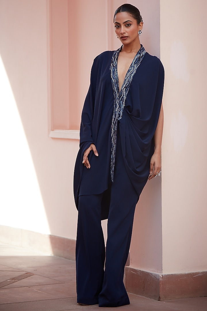 Imperial Blue Imported Twill Embroidered Co-Ord Set by CP by Chandini and Priyanka at Pernia's Pop Up Shop