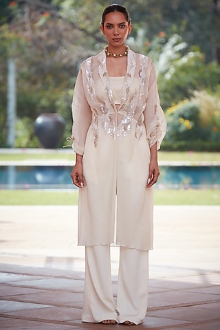 Ivory Imported Twill Embroidered Jacket Set by CP by Chandini and Priyanka