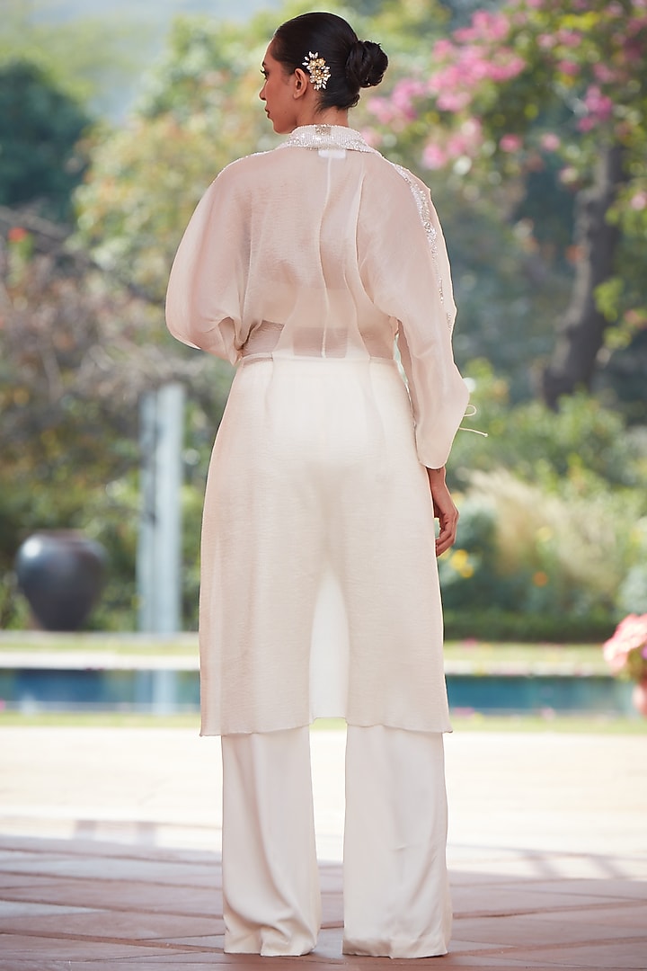 Ivory Imported Twill Embroidered Jacket Set by CP by Chandini and Priyanka at Pernia's Pop Up Shop
