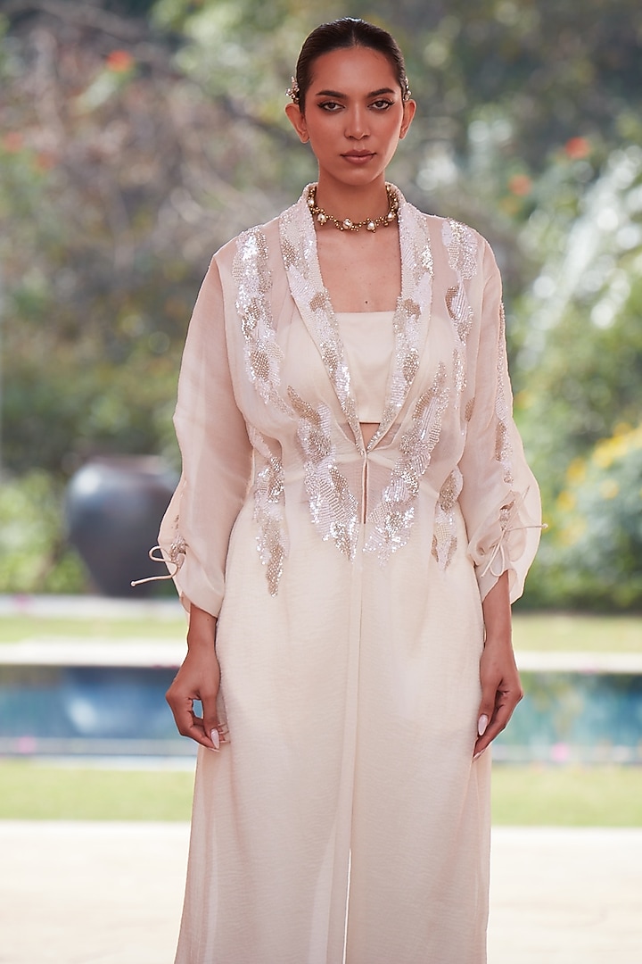 Ivory Imported Twill Embroidered Jacket Set by CP by Chandini and Priyanka at Pernia's Pop Up Shop