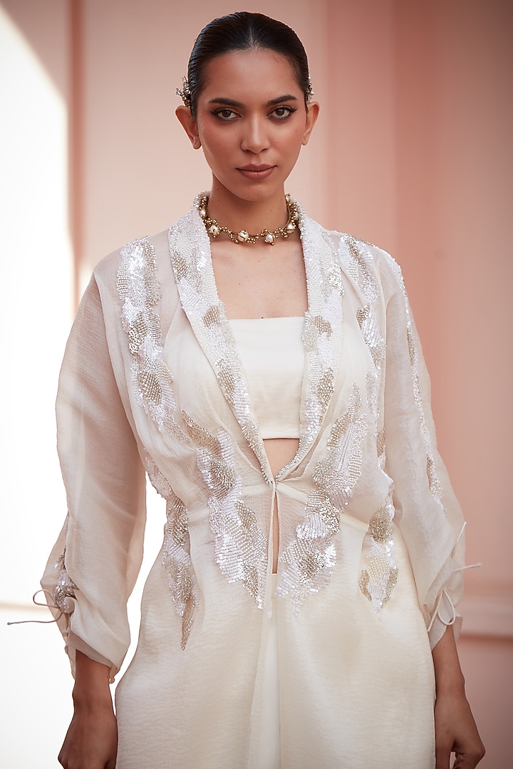 Ivory Imported Twill Embroidered Jacket Set by CP by Chandini and Priyanka at Pernia's Pop Up Shop