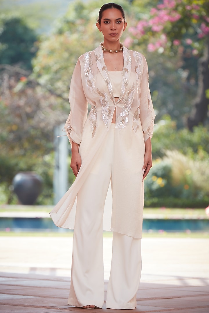 Ivory Imported Twill Embroidered Jacket Set by CP by Chandini and Priyanka at Pernia's Pop Up Shop