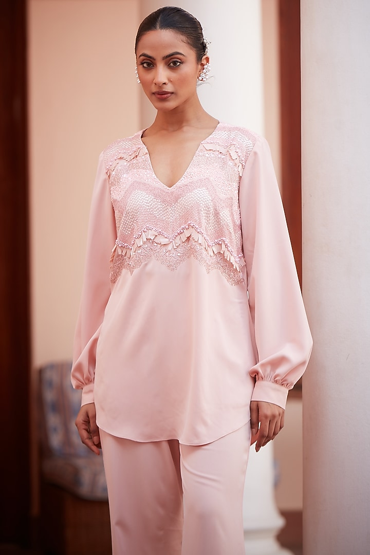 Blush Pink Imported Twill Embroidered Co-Ord Set by CP by Chandini and Priyanka at Pernia's Pop Up Shop