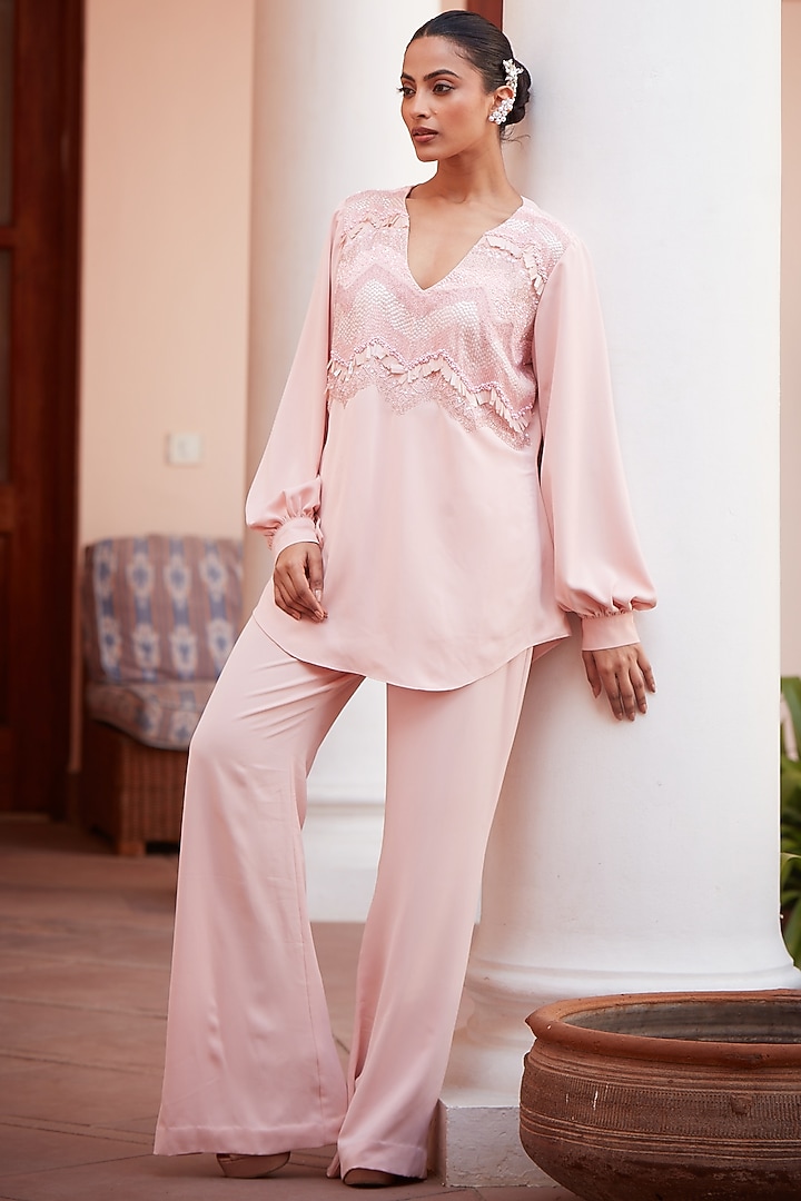 Blush Pink Imported Twill Embroidered Co-Ord Set by CP by Chandini and Priyanka at Pernia's Pop Up Shop