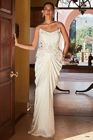 Ivory Crinkled Satin Embellished Pre-Draped Skirt Set by CP by Chandini and Priyanka