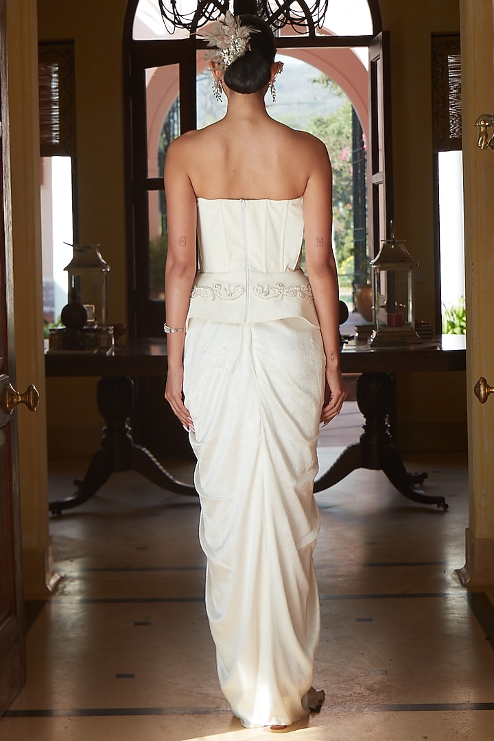 Ivory Crinkled Satin Embellished Pre-Draped Skirt Set by CP by Chandini and Priyanka at Pernia's Pop Up Shop