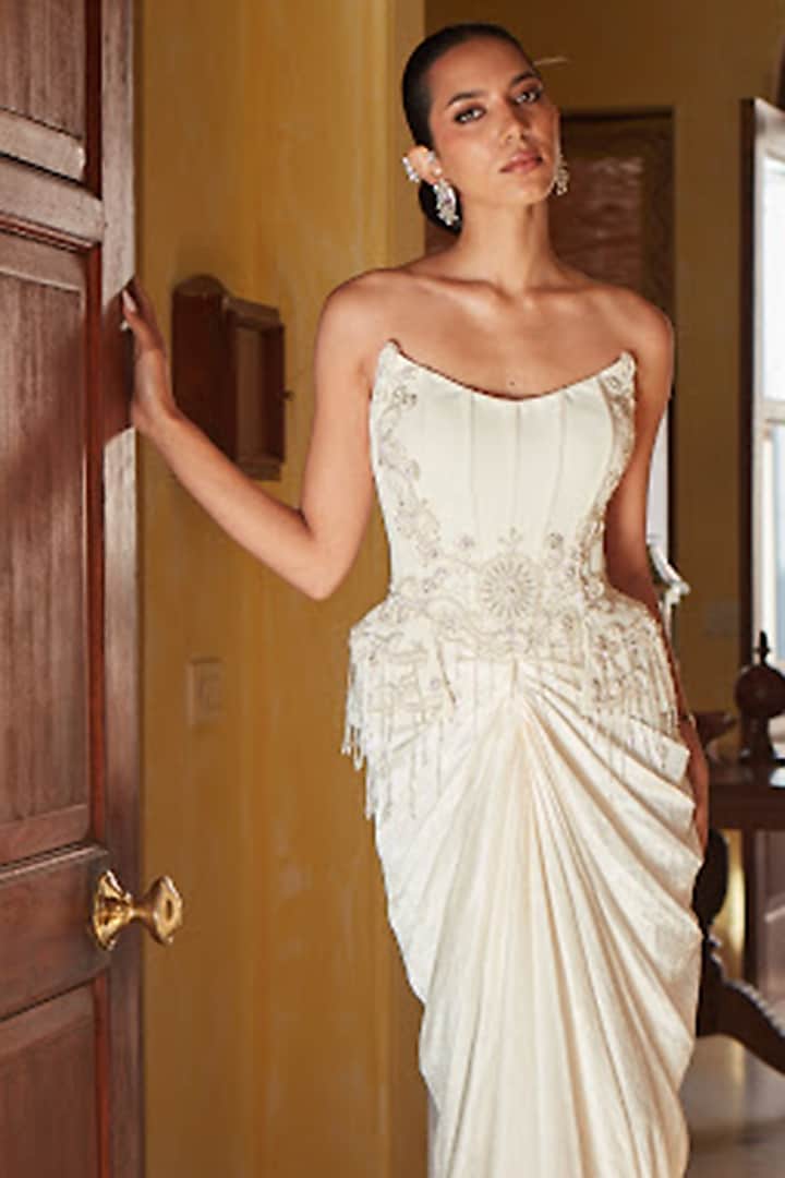 Ivory Crinkled Satin Embellished Pre-Draped Skirt Set by CP by Chandini and Priyanka at Pernia's Pop Up Shop