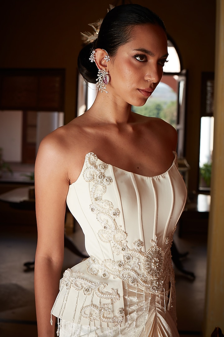 Ivory Crinkled Satin Embellished Pre-Draped Skirt Set by CP by Chandini and Priyanka at Pernia's Pop Up Shop