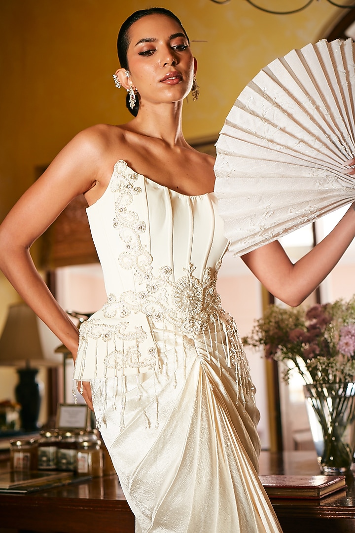 Ivory Crinkled Satin Embellished Pre-Draped Skirt Set by CP by Chandini and Priyanka at Pernia's Pop Up Shop