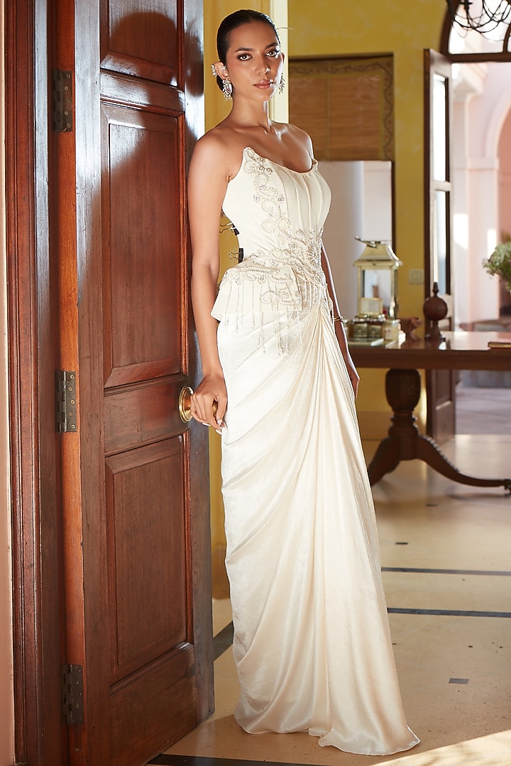 Ivory Crinkled Satin Embellished Pre-Draped Skirt Set by CP by Chandini and Priyanka at Pernia's Pop Up Shop