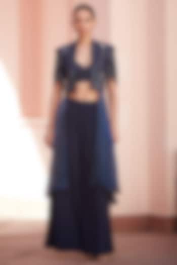 Imperial Blue Imported Twill & Glazed Organza Embroidered Flared Pant Set by CP by Chandini and Priyanka at Pernia's Pop Up Shop